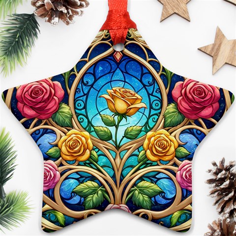 Roses Floral Stained Glass Vibrant Ornament (Star) from ArtsNow.com Front