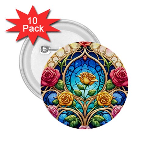 Roses Floral Stained Glass Vibrant 2.25  Buttons (10 pack)  from ArtsNow.com Front