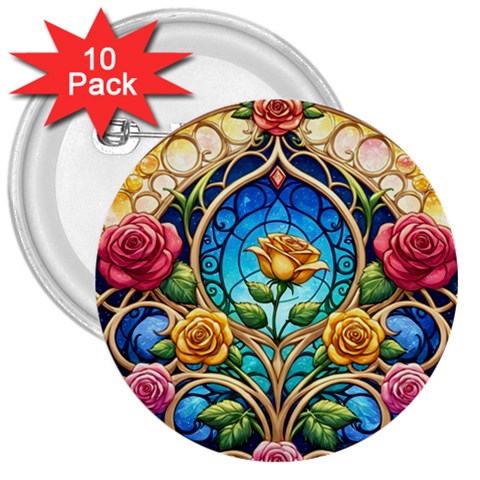 Roses Floral Stained Glass Vibrant 3  Buttons (10 pack)  from ArtsNow.com Front