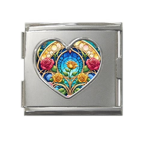 Roses Floral Stained Glass Vibrant Mega Link Heart Italian Charm (18mm) from ArtsNow.com Front