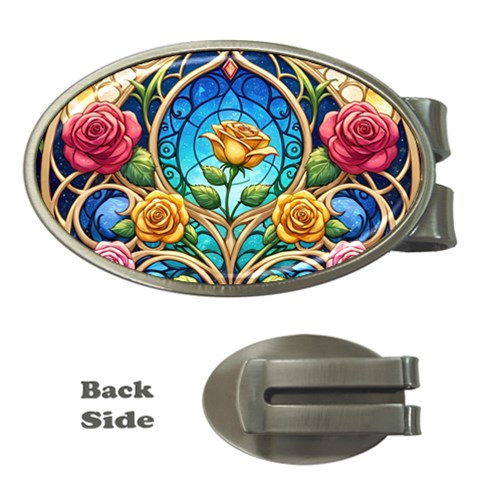 Roses Floral Stained Glass Vibrant Money Clips (Oval)  from ArtsNow.com Front