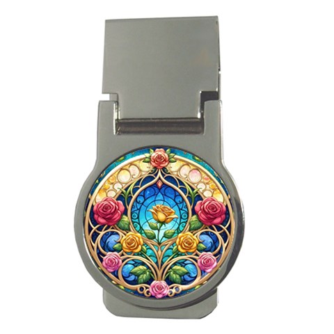 Roses Floral Stained Glass Vibrant Money Clips (Round)  from ArtsNow.com Front