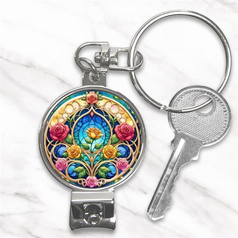 Roses Floral Stained Glass Vibrant Nail Clippers Key Chain from ArtsNow.com Front