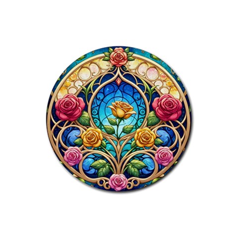 Roses Floral Stained Glass Vibrant Rubber Coaster (Round) from ArtsNow.com Front