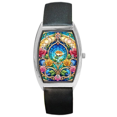 Roses Floral Stained Glass Vibrant Barrel Style Metal Watch from ArtsNow.com Front