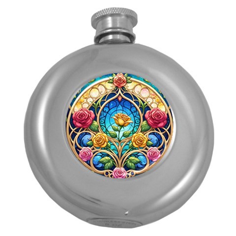 Roses Floral Stained Glass Vibrant Round Hip Flask (5 oz) from ArtsNow.com Front