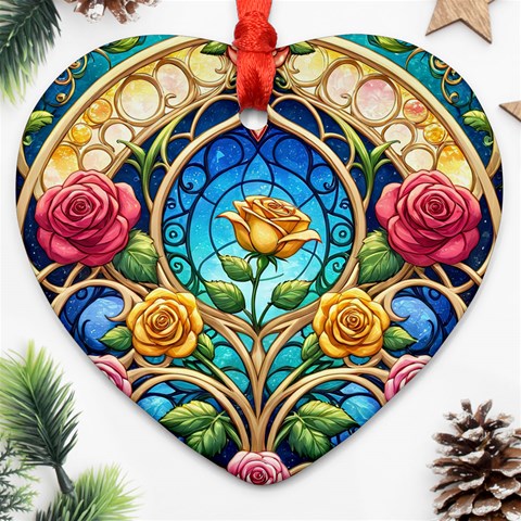 Roses Floral Stained Glass Vibrant Heart Ornament (Two Sides) from ArtsNow.com Back