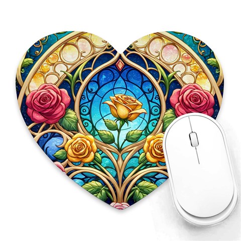 Roses Floral Stained Glass Vibrant Heart Mousepad from ArtsNow.com Front