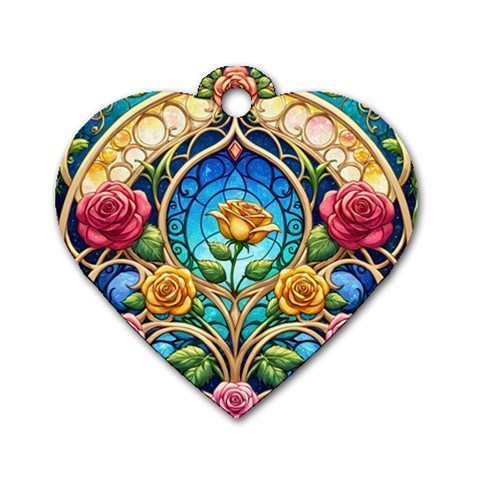 Roses Floral Stained Glass Vibrant Dog Tag Heart (Two Sides) from ArtsNow.com Front