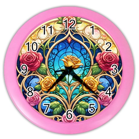 Roses Floral Stained Glass Vibrant Color Wall Clock from ArtsNow.com Front