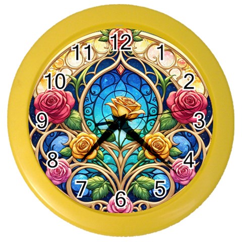 Roses Floral Stained Glass Vibrant Color Wall Clock from ArtsNow.com Front