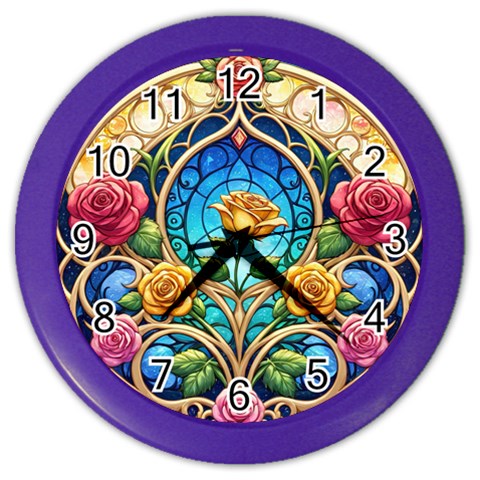 Roses Floral Stained Glass Vibrant Color Wall Clock from ArtsNow.com Front