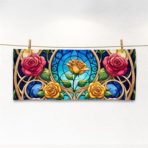 Roses Floral Stained Glass Vibrant Hand Towel from ArtsNow.com Front