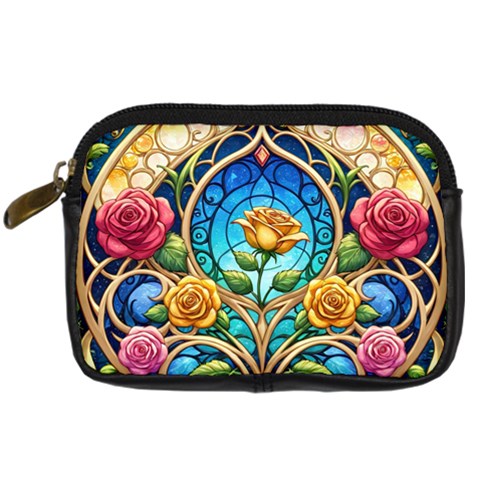 Roses Floral Stained Glass Vibrant Digital Camera Leather Case from ArtsNow.com Front