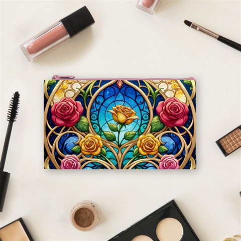 Roses Floral Stained Glass Vibrant Cosmetic Bag (Small) from ArtsNow.com Front