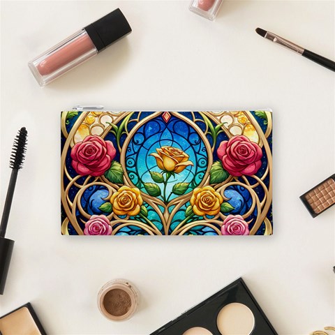 Roses Floral Stained Glass Vibrant Cosmetic Bag (Small) from ArtsNow.com Front