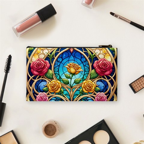 Roses Floral Stained Glass Vibrant Cosmetic Bag (Small) from ArtsNow.com Back