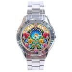 Roses Floral Stained Glass Vibrant Stainless Steel Analogue Watch