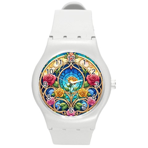 Roses Floral Stained Glass Vibrant Round Plastic Sport Watch (M) from ArtsNow.com Front