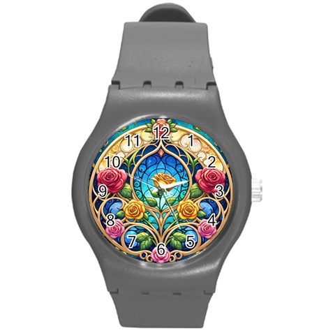 Roses Floral Stained Glass Vibrant Round Plastic Sport Watch (M) from ArtsNow.com Front