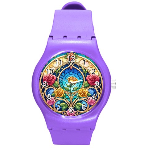 Roses Floral Stained Glass Vibrant Round Plastic Sport Watch (M) from ArtsNow.com Front