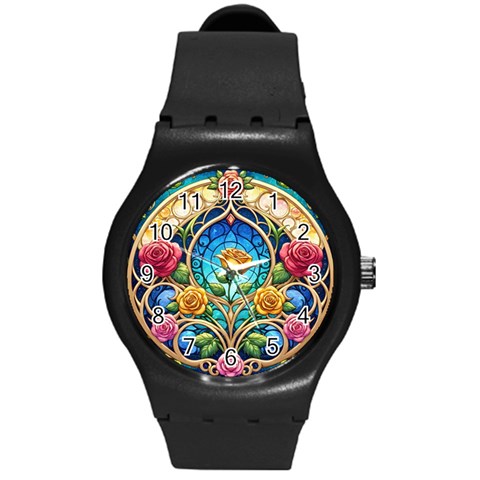 Roses Floral Stained Glass Vibrant Round Plastic Sport Watch (M) from ArtsNow.com Front