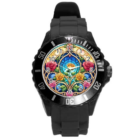 Roses Floral Stained Glass Vibrant Round Plastic Sport Watch (L) from ArtsNow.com Front