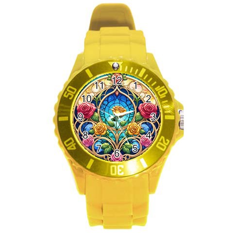 Roses Floral Stained Glass Vibrant Round Plastic Sport Watch (L) from ArtsNow.com Front