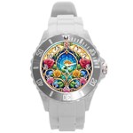 Roses Floral Stained Glass Vibrant Round Plastic Sport Watch (L)