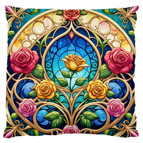 Roses Floral Stained Glass Vibrant Large Cushion Case (One Side) from ArtsNow.com Front