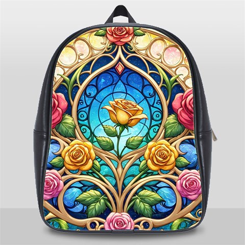 Roses Floral Stained Glass Vibrant School Bag (XL) from ArtsNow.com Front