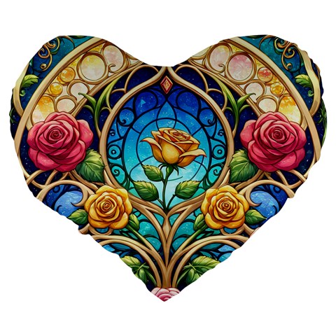 Roses Floral Stained Glass Vibrant Large 19  Premium Heart Shape Cushions from ArtsNow.com Back