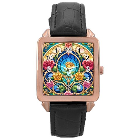 Roses Floral Stained Glass Vibrant Rose Gold Leather Watch  from ArtsNow.com Front