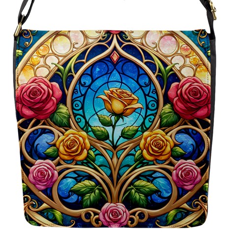 Roses Floral Stained Glass Vibrant Flap Closure Messenger Bag (S) from ArtsNow.com Front