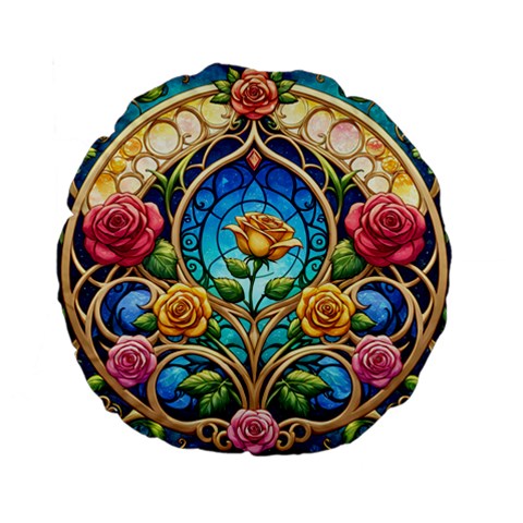 Roses Floral Stained Glass Vibrant Standard 15  Premium Flano Round Cushions from ArtsNow.com Front