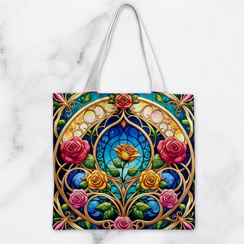 Roses Floral Stained Glass Vibrant Zipper Grocery Tote Bag from ArtsNow.com Front