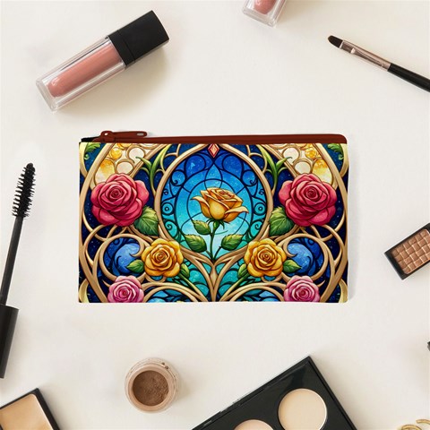 Roses Floral Stained Glass Vibrant Cosmetic Bag (XS) from ArtsNow.com Front