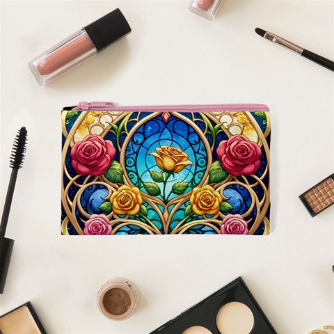 Roses Floral Stained Glass Vibrant Cosmetic Bag (XS) from ArtsNow.com Front