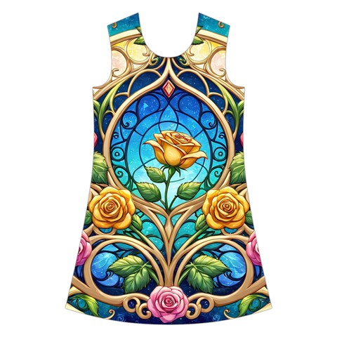 Roses Floral Stained Glass Vibrant Kids  Short Sleeve Velvet Dress from ArtsNow.com Front