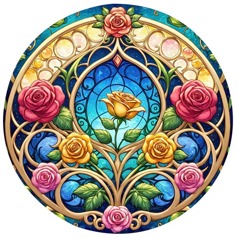 Roses Floral Stained Glass Vibrant Wooden Bottle Opener (Round) from ArtsNow.com Front