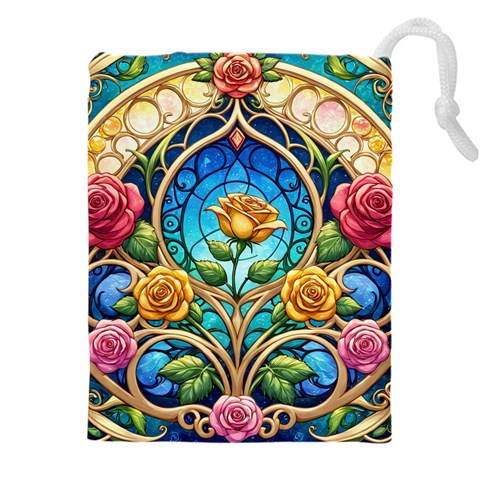 Roses Floral Stained Glass Vibrant Drawstring Pouch (4XL) from ArtsNow.com Front