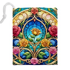 Roses Floral Stained Glass Vibrant Drawstring Pouch (4XL) from ArtsNow.com Back