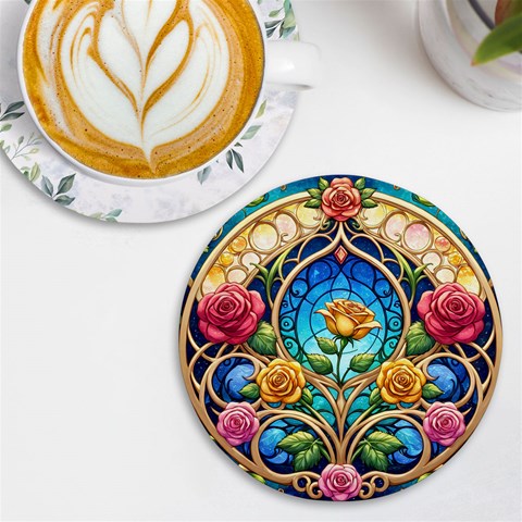 Roses Floral Stained Glass Vibrant UV Print Round Tile Coaster from ArtsNow.com Front