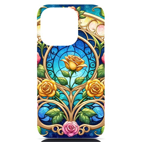 Roses Floral Stained Glass Vibrant iPhone 14 Pro Black UV Print PC Hardshell Case from ArtsNow.com Front