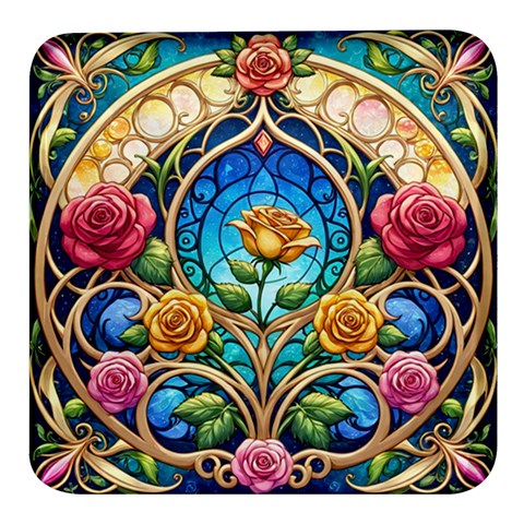 Roses Floral Stained Glass Vibrant Square Glass Fridge Magnet (4 pack) from ArtsNow.com Front