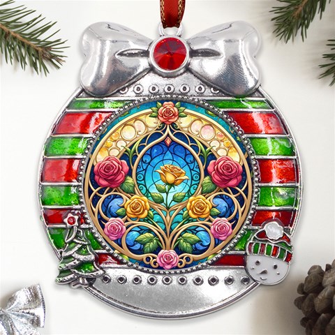 Roses Floral Stained Glass Vibrant Metal X Mas Ribbon With Red Crystal Round Ornament from ArtsNow.com Front