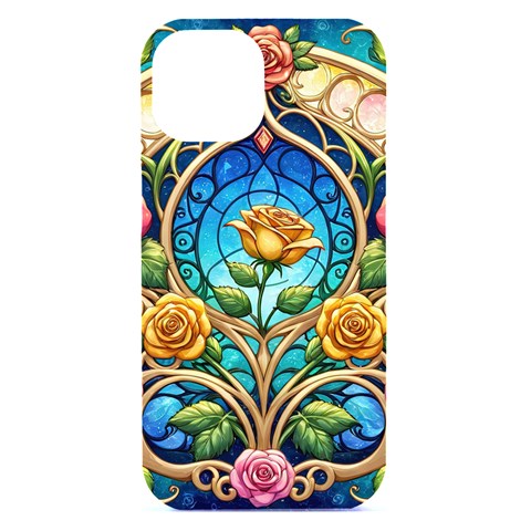 Roses Floral Stained Glass Vibrant iPhone 15 Black UV Print PC Hardshell Case from ArtsNow.com Front