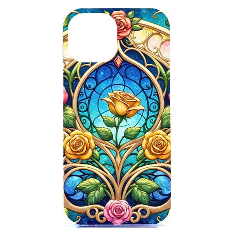 Roses Floral Stained Glass Vibrant iPhone 15 Plus Black UV Print PC Hardshell Case from ArtsNow.com Front