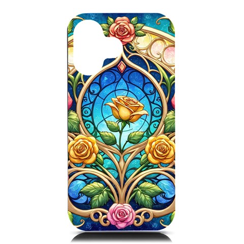 Roses Floral Stained Glass Vibrant iPhone 16 Black UV Print PC Hardshell Case from ArtsNow.com Front