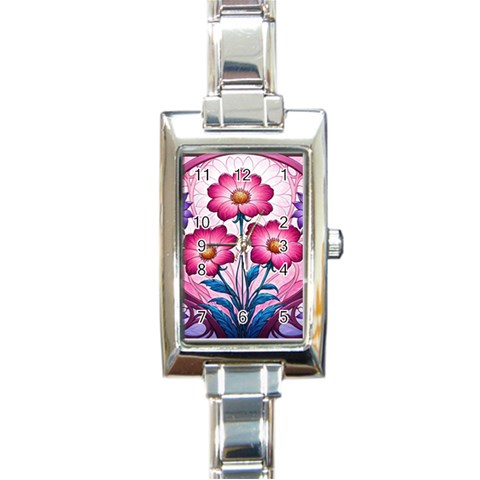 Fantasy Pink Flowers Stained Glass Rectangle Italian Charm Watch from ArtsNow.com Front